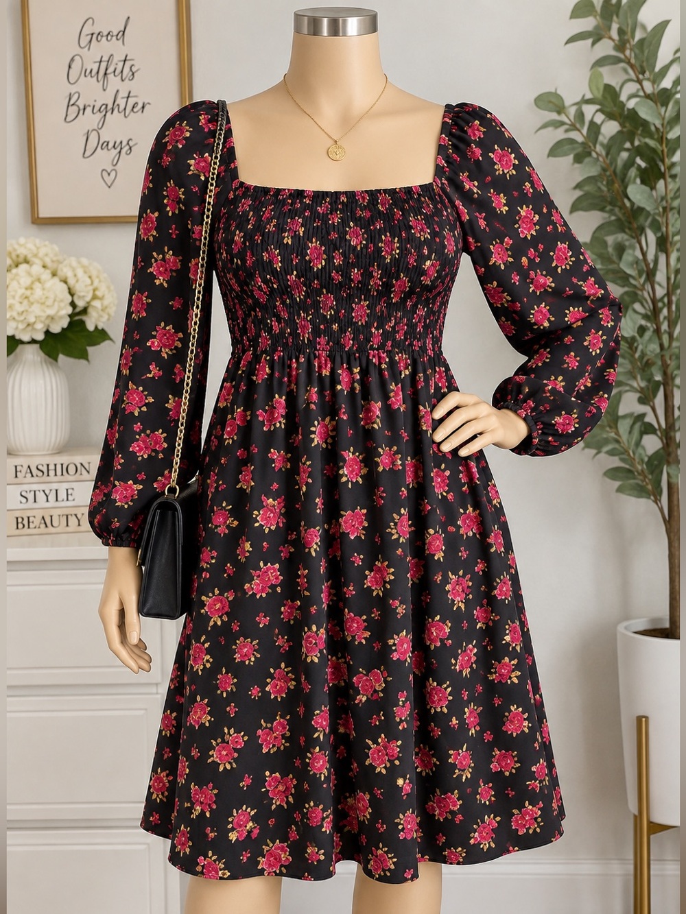 Old Navy Black Floral Smocked Midi Dress Long Sleeve Square Neck Size M